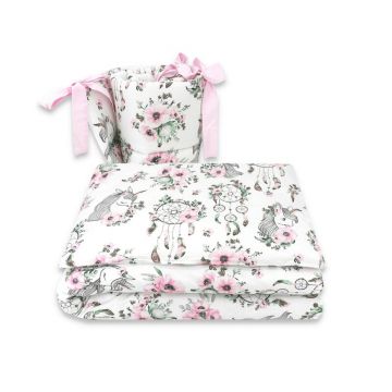 Qmini - Lenjerie patut 3 piese, Cu protectie laterala, Din bumbac certificat Oeko Tex Standard 100, Pentru patut 120x60 cm, Dream Catcher and Anemone