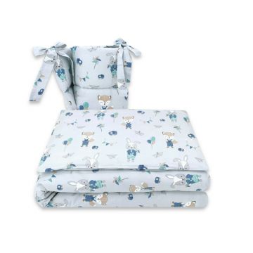 Lenjerie patut 3 piese, Qmini, Pentru patut 120x60 cm, Cu protectie laterala, Din bumbac certificat Oeko Tex Standard 100, Fox and Rabbit, Blue