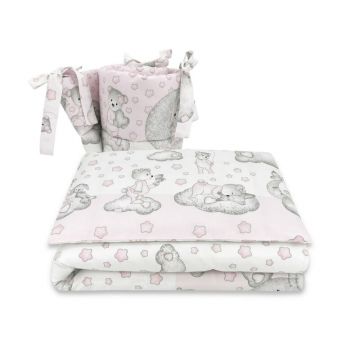 Qmini - Lenjerie patut 3 piese, Cu protectie laterala, Din bumbac certificat Oeko Tex Standard 100, Pentru patut 120x60 cm, Teddy Bear with Pink Heart