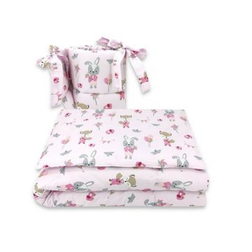 Qmini - Lenjerie patut 3 piese, Cu protectie laterala, Din bumbac certificat Oeko Tex Standard 100, Pentru patut 140x70 cm, Fox and Rabbit, Pink