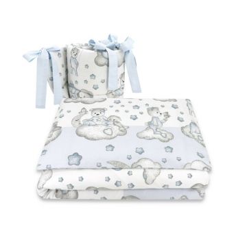 Qmini - Lenjerie patut 3 piese, Cu protectie laterala, Din bumbac certificat Oeko Tex Standard 100, Pentru patut 140x70 cm, Teddy Bear with Blue Heart