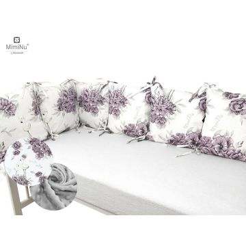 Aparatoare pentru patut, MimiNu, Cu 6 pernute, Cu fermoar, Cu husa lavabila, Pentru patut 120X60 cm, Din bumbac si tesatura pufoasa Minky, Materiale certificate Oeko Tex Standard 100, Minky Peonie Plum