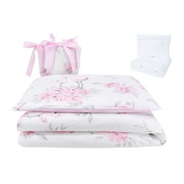 Lenjerie patut cu 5 piese, MimiNu, Pentru patut 120x60 cm, Cu pilota si perna, Din bumbac certificat Oeko Tex Standard 100, Peonie Pink