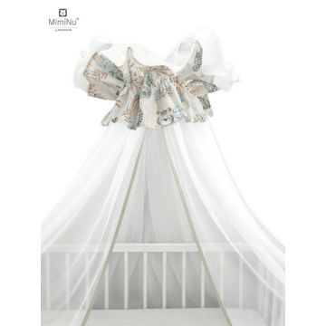 MimiNu - Baldachin mare din tull, Cu funda din bumbac, Dimensiune 400x170 cm, Materiale certificate Oeko Tex Standard 100, Design, Zoo on bikes Nugat