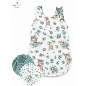 Sac de dormit, MimiNu, Pentru bebelusi, De iarna, Din bumbac certificat Oeko Tex Standard 100, Cu fermoar lateral, Cu capse pe umar, 70 cm, 0 - 6 luni, 2.5 Tog, Sweet Deer Mint