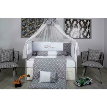 MyKids - Lenjerie 10 piese Prince gri-alb cu baldachin 120x60 cm