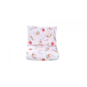 Paturica fermecata - Set complet lenjerie 5 piese pentru patut stivuibil gradinita model flori de bumbac