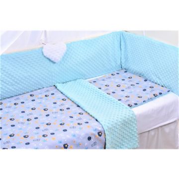 Paturica fermecata - Set complet lenjerie 7 piese model astronauti si plus minky bleu gri patut 120x60 cm