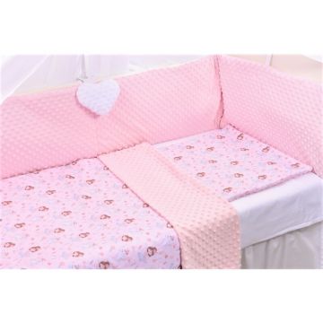Paturica fermecata - Set complet lenjerie 7 piese model balerine si plus minky roz alb patut 120x60 cm