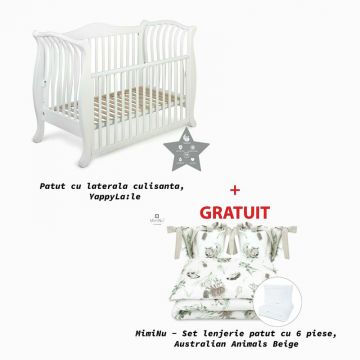 Patut cu laterala culisanta, bariera de protectie cu scara YappyLa:le din lemn de fag, YappyKids, 120x60 cm, Alb+GRATUIT MimiNu - Set lenjerie patut cu 6 piese, Pentru patut 120x60 cm, Australian Animals Beige