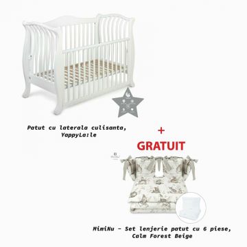 Patut cu laterala culisanta, bariera de protectie cu scara YappyLa:le din lemn de fag, YappyKids, 120x60 cm, Alb+GRATUIT MimiNu - Set lenjerie patut cu 6 piese, Pentru patut 120x60 cm, Design, Calm Forest Beige