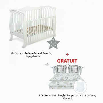 Patut cu laterala culisanta, bariera de protectie cu scara YappyLa:le din lemn de fag, YappyKids, 120x60 cm, Alb+GRATUIT MimiNu - Set lenjerie patut cu 6 piese, Pentru patut 120x60 cm, Forest