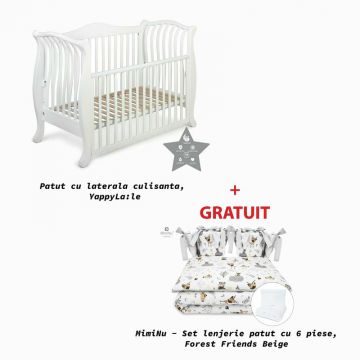 Patut cu laterala culisanta, bariera de protectie cu scara YappyLa:le din lemn de fag, YappyKids, 120x60 cm, Alb+GRATUIT MimiNu - Set lenjerie patut cu 6 piese, Pentru patut 120x60 cm, Forest Friends Beige