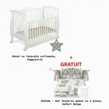 Patut cu laterala culisanta, bariera de protectie cu scara YappyLa:le din lemn de fag, YappyKids, 120x60 cm, Alb+GRATUIT MimiNu - Set lenjerie patut cu 6 piese, Pentru patut 120x60 cm, Safari Beige