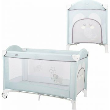 Patut pliant bebe, 120x60 cm, Cu un nivel, Cu intrare laterala cu fermoar, 2 roti, Conform cu standardul european de securitate EN 716-1:2017+AC:2019, Elephant Dusty Mint, FreeON, Ballon