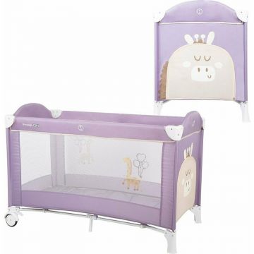 Patut pliant cu un nivel, Ballon, Cu intrare laterala cu fermoar, 2 roti, 120x60 cm, Conform cu standardul european de securitate EN 716-1:2017+AC:2019, FreeON, Giraffe Purple