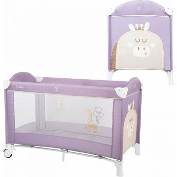 Patut pliant bebe, 120x60 cm, Cu un nivel, Cu intrare laterala cu fermoar, 2 roti, Conform cu standardul european de securitate EN 716-1:2017+AC:2019, Giraffe Purple, FreeON, Ballon