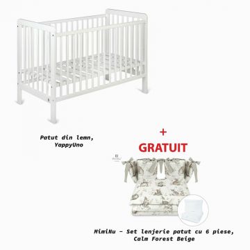 Patut YappyUno din lemn, YappyKids, 120x60 cm, Alb+GRATUIT MimiNu - Set lenjerie patut cu 6 piese, Pentru patut 120x60 cm, Design, Calm Forest Beige