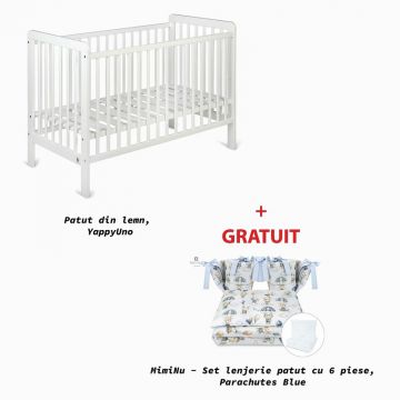 Patut YappyUno din lemn, YappyKids, 120x60 cm, Alb+GRATUIT MimiNu - Set lenjerie patut cu 6 piese, Pentru patut 120x60 cm, Parachutes Blue