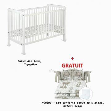 Patut YappyUno din lemn, YappyKids, 120x60 cm, Alb+GRATUIT MimiNu - Set lenjerie patut cu 6 piese, Pentru patut 120x60 cm, Safari Beige