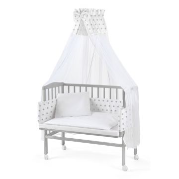 Set Patut, Waldin, Bedside 2in1 Gri, 90 cm x 55 cm, laterala detasabila, co-sleeping, cu Saltea + Aparatoare alba cu stelute gri+ Baldachin