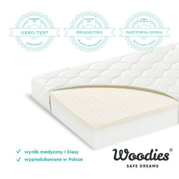 Woodies safe dreams - Saltea pentru copii. fata dubla. Spuma PUR si Latex. proprietati antifungice. Husa delicata 3 staturi. echipata cu margine anti-alunecare. 140X70X9 Cm. Premium