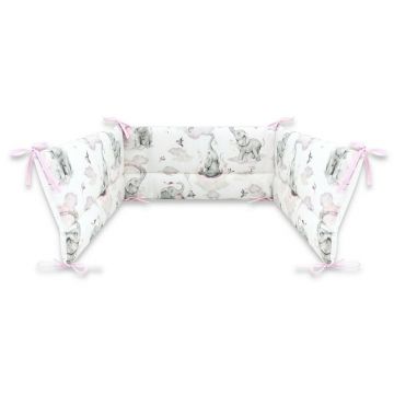 Aparatoare pentru patut, Qmini, Din bumbac certificat Oeko Tex Standard 100, 180x30 cm, Cu panglici, Elephants on Rainbow Pink