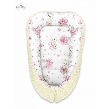 Cosulet bebelus MimiNu pentru dormit Baby Cocoon 75x55 cm cu doua fete Ecru Pink Ballerina