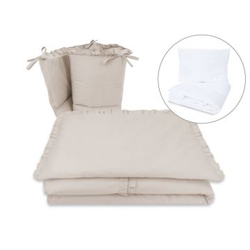Lenjerie patut cu 5 piese, MimiNu, Pentru patut 120x60 cm, Cu volanase, Cu pilota si perna, Din bumbac certificat Oeko Tex Standard 100, Colectia Royal, Beige