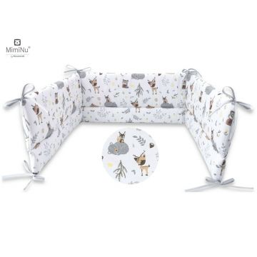 MimiNu - Aparatoare pentru patut 120x60 cm, Din bumbac certificat Oeko Tex Standard 100, Cu inaltimea de 30 cm, Cu panglici, Forest friends Grey/Beige