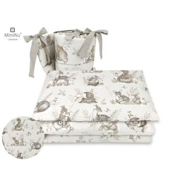 MimiNu - Lenjerie patut 3 piese, Cu protectie laterala, Din bumbac certificat Oeko Tex Standard 100, Pentru patut 120x60 cm, Design, Calm Forest Beige