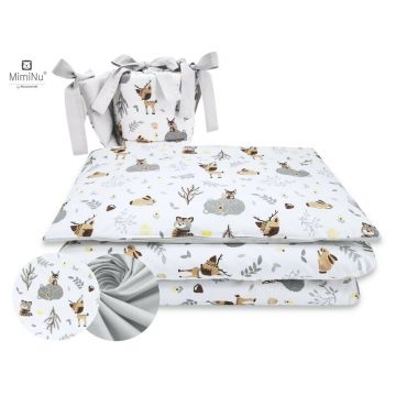 Lenjerie patut cu 3 piese, MimiNu, Pentru patut 120x60 cm, Cu protectie laterala, Din bumbac certificat Oeko Tex Standard 100, Forest friends Grey/Beige