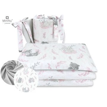 MimiNu - Lenjerie patut 3 piese, Cu protectie laterala, Din bumbac certificat Oeko Tex Standard 100, Pentru patut 120x60 cm, Lulu Rose