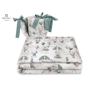 Lenjerie patut cu 3 piese, MimiNu, Pentru patut 120x60 cm, Cu protectie laterala, Din bumbac certificat Oeko Tex Standard 100, Parachutes Olive