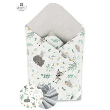 MimiNu - Paturica de infasat cu doua fete, Cu multiple utilizari, Cu inchidere arici velcro, Dimensiune 75x75 cm, Din bumbac certificat Oeko Tex Standard 100, Forest Friends Grey/Mint