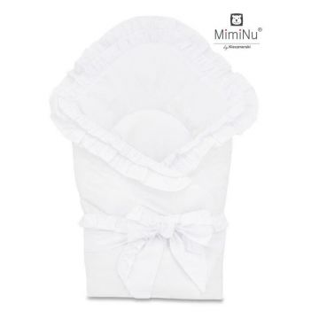 MimiNu - Paturica de infasat multifunctionala pentru botez, Cu volanase, Cu inchidere cu panglica si arici velcro, Dimensiune 75x75 cm, Din bumbac certificat Oeko Tex Standard 100, White