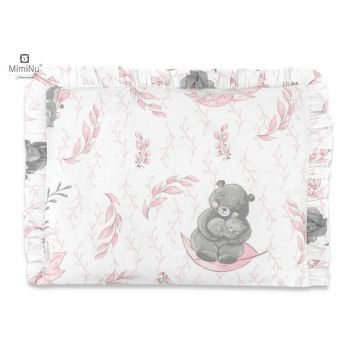 MimiNu - Perna clasica de dormit, Cu volanas, Cu husa detasabila cu fermoar, Din bumbac certificat Oeko Tex Standard 100, Pentru patut, carucior, balansoar, 30x40 cm, Lulu Rose