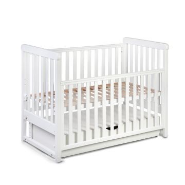 Patut cu sistem de leganare si laterala culisanta, Cu sertar compartimentat, YappyMove din lemn de fag, Cu sina speciala pentru dentitie, Suport pentru saltea reglabil, YappyKids, 120x60 cm, Alb