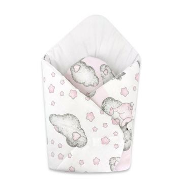 Qmini - Paturica de infasat cu doua fete, Cu multiple utilizari, Cu inchidere arici velcro, Dimensiune 75x75 cm, Din bumbac certificat Oeko Tex Standard 100, Teddy Bear with Pink Heart