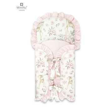 Sac de dormit, MimiNu, Multifunctional, Cu volanase si panglici, Din bumbac si tesatura pufoasa din catifea, Materiale certificate Oeko Tex Standard 100, Dimensiune 82 x 41 cm, Sweet Deer Pink