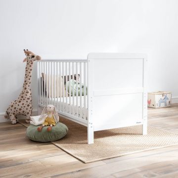 Woodies safe dreams - Patut din lemn masiv, transformabil pentru bebe si junior, Clasic Alb + Saltea Cocos 140 x 70 cm