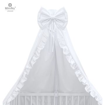 Baldachin din tull + suport metalic, MimiNu, Pentru patut, cu funda si volan, 210x145 cm, Material certificat Oeko Tex Standard 100, Alb
