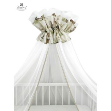 Baldachin mare din tull + suport metalic, MimiNu, Cu funda din bumbac, Dimensiune 400x170 cm, Materiale certificate Oeko Tex Standard 100, Design, Calm Forest Natural