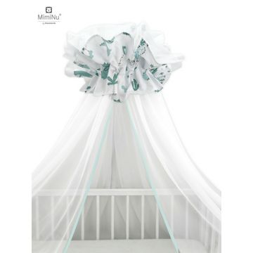 Baldachin mare din tull + suport metalic, MimiNu, Cu funda din bumbac, Dimensiune 400x170 cm, Materiale certificate Oeko Tex Standard 100, Dino Mint