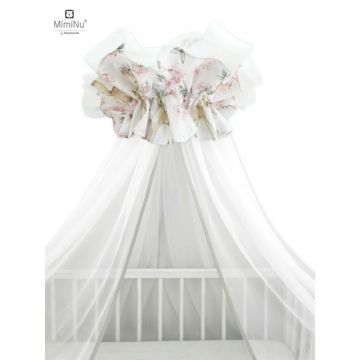Baldachin mare din tull + suport metalic, MimiNu, Cu funda din bumbac, Dimensiune 400x170 cm, Materiale certificate Oeko Tex Standard 100, Sweet Deer Pink 