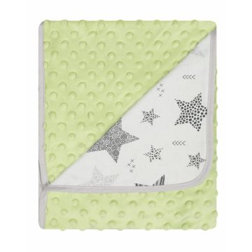 Paturica cu doua fete Minky si bumbac 80x90 cm Green Stars