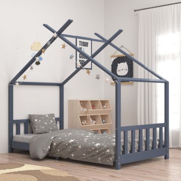 vidaXL Cadru de pat pentru copii, gri, 90 x 200 cm, lemn masiv de pin