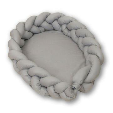 AMY - Suport de dormit Baby Nest 2 in 1, Cu protectie impletita detasabila Pure, 80x50 cm, Gri