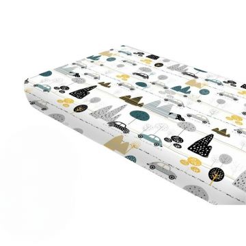 Cearceaf cu elastic, MimiNu, Pentru pat 160x80 cm, Din bumbac certificat Oeko Tex Standard 100, Childrens Journey Grey