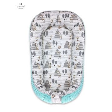 Cosulet bebelus, MimiNu, Pentru dormit, Cu doua fete, Baby Nest 105x66 cm, Husa 100% bumbac si catifea moale, Cu salteluta, Detasabila, Materiale certificate Oeko Tex Standard 100, Velvet Forest/Mint